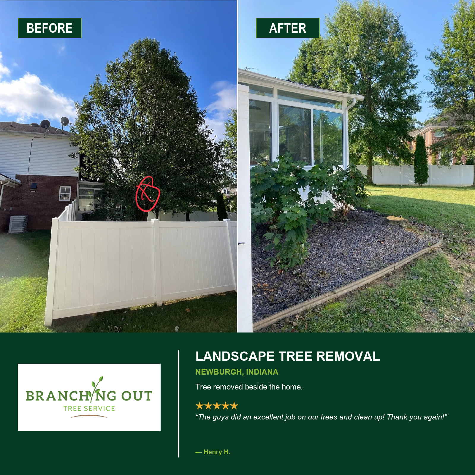 Before-and-after landscape tree removal beside a Newburgh home, with Henry H. customer review