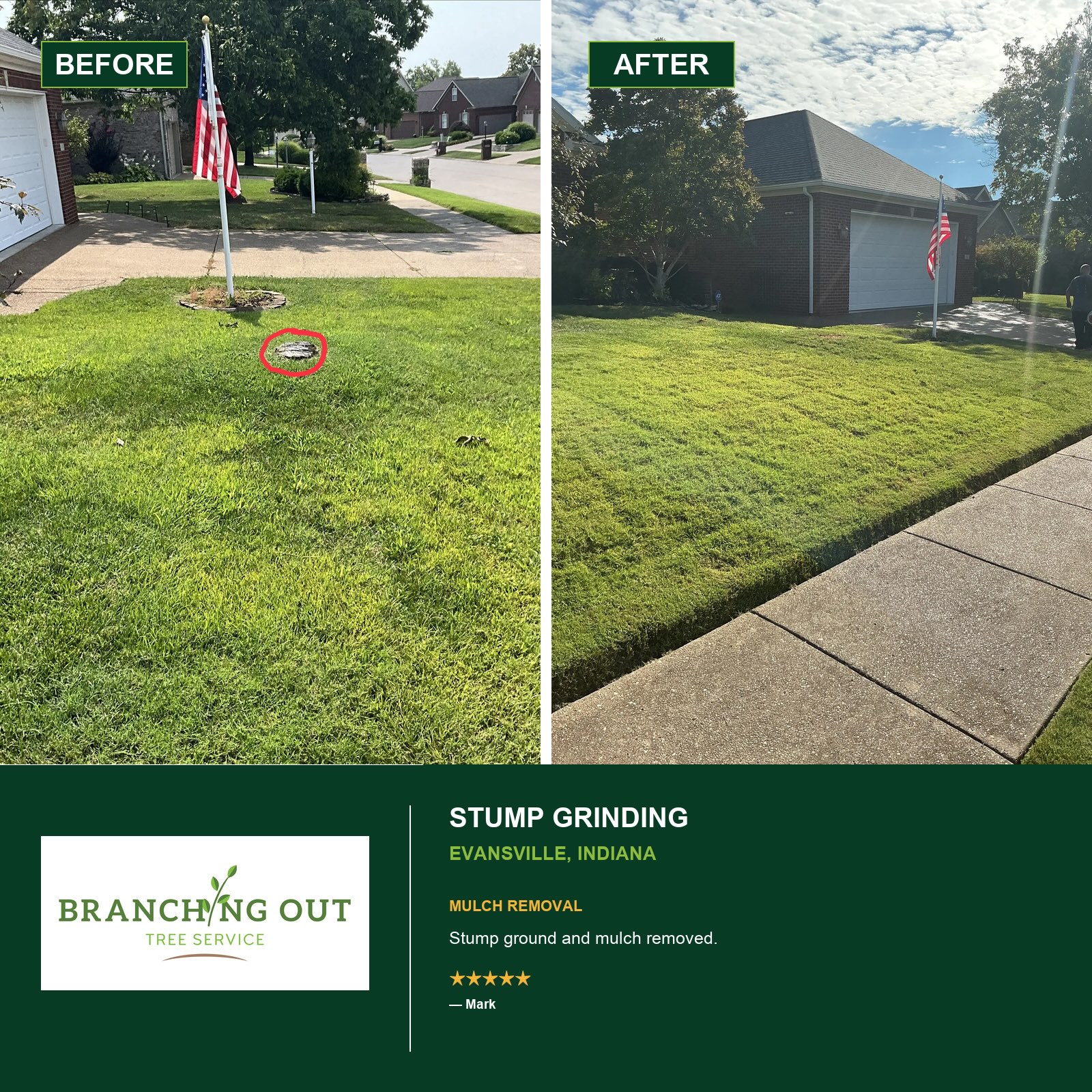 Before and after stump grinding and mulch removal at Mark’s Evansville property, showing the stump removed beside the driveway and flagpole.