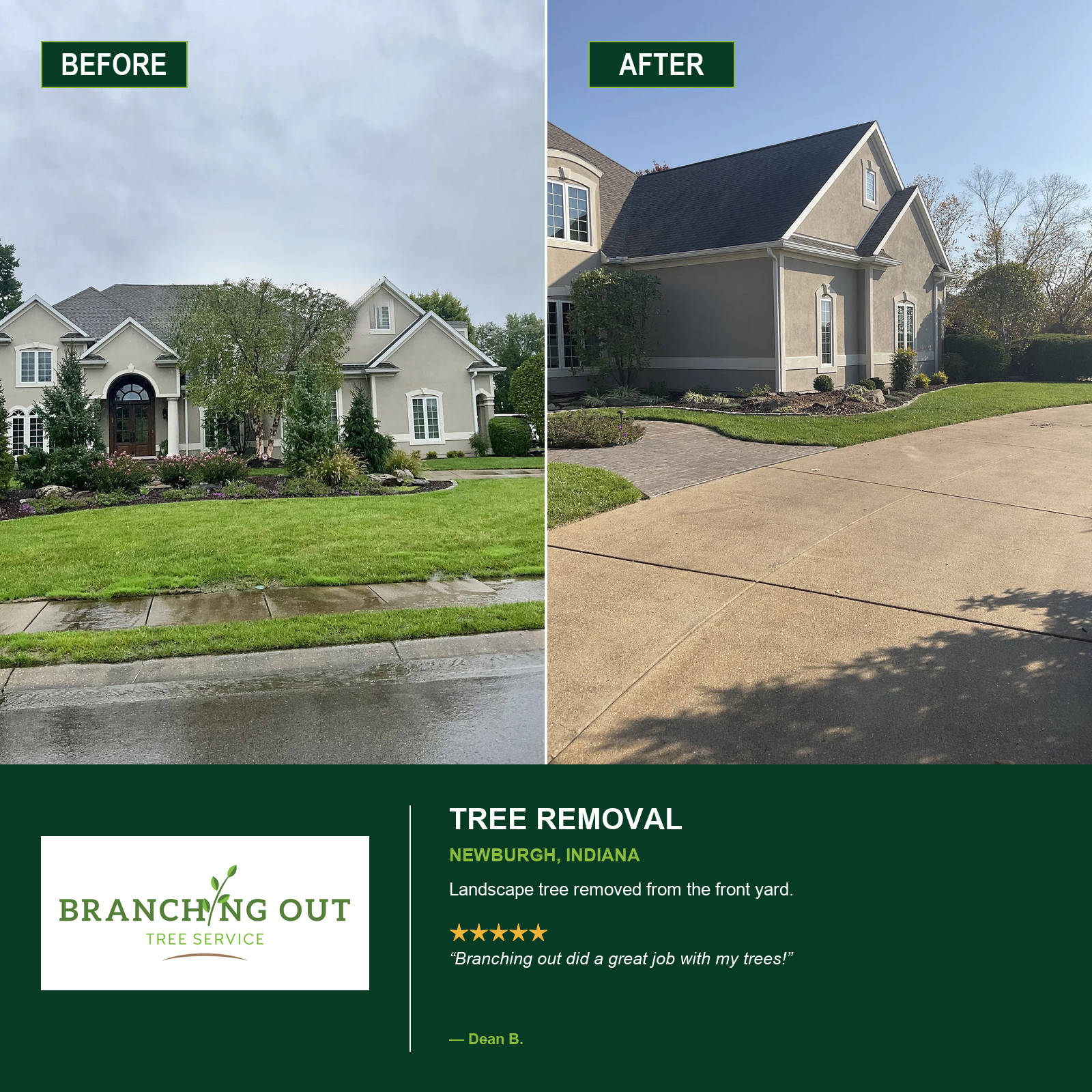 Before-and-after front landscape tree removal at a Newburgh home, with Dean B. customer review