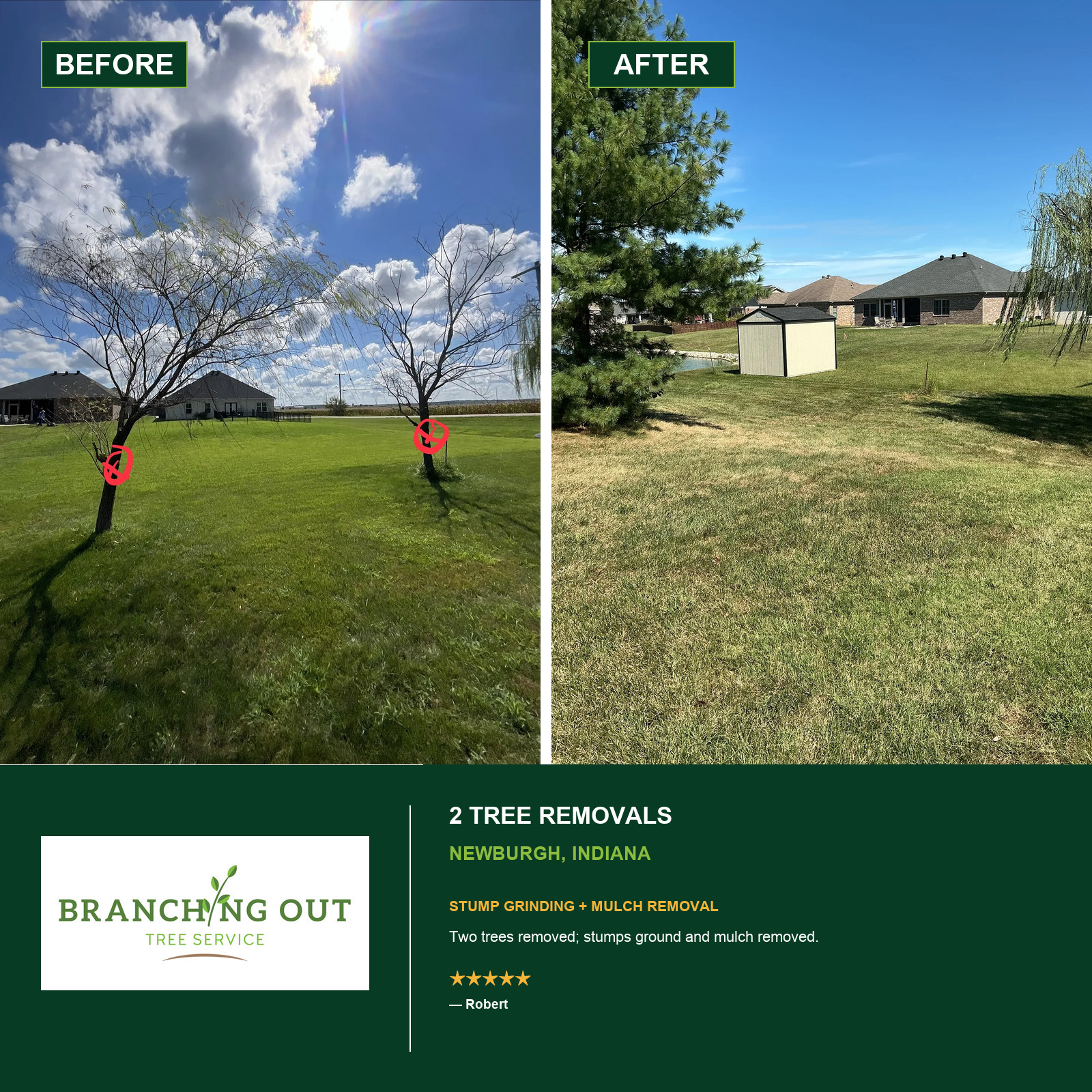 Before and after removal of two trees at Robert’s Newburgh property, including stump grinding and mulch removal.