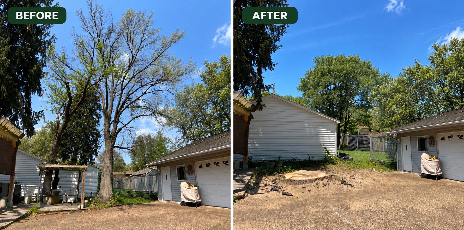 Before-and-after 100-foot pin oak removal in a confined space beside a shop in Evansville, Indiana.