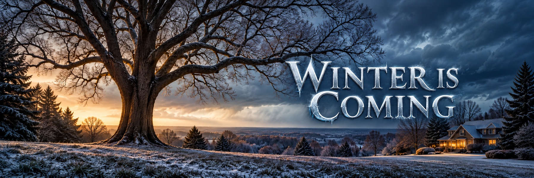 Winter is Coming in large frosted silver graphic lettering over an illustrative winter tree and residential yard.