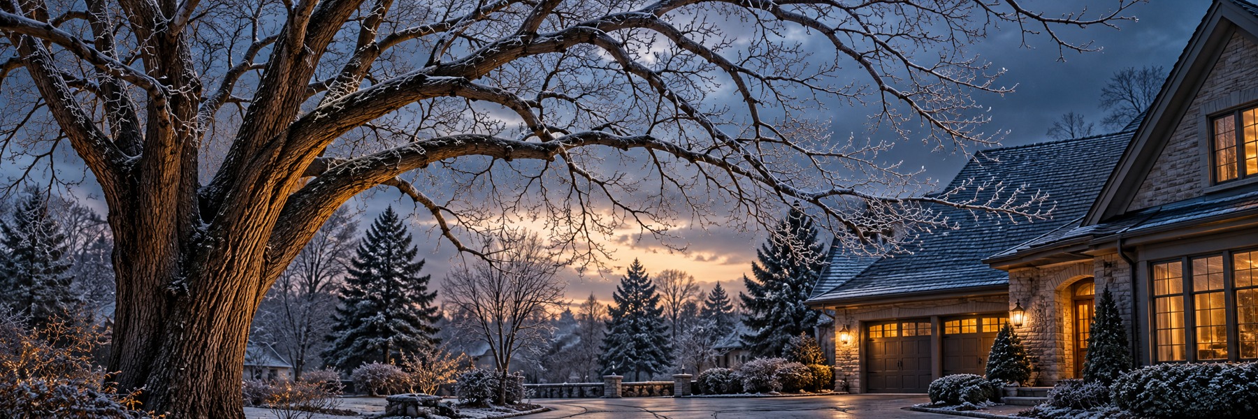 Illustrative winter scene: frosted tree branches near a home and an open driveway.