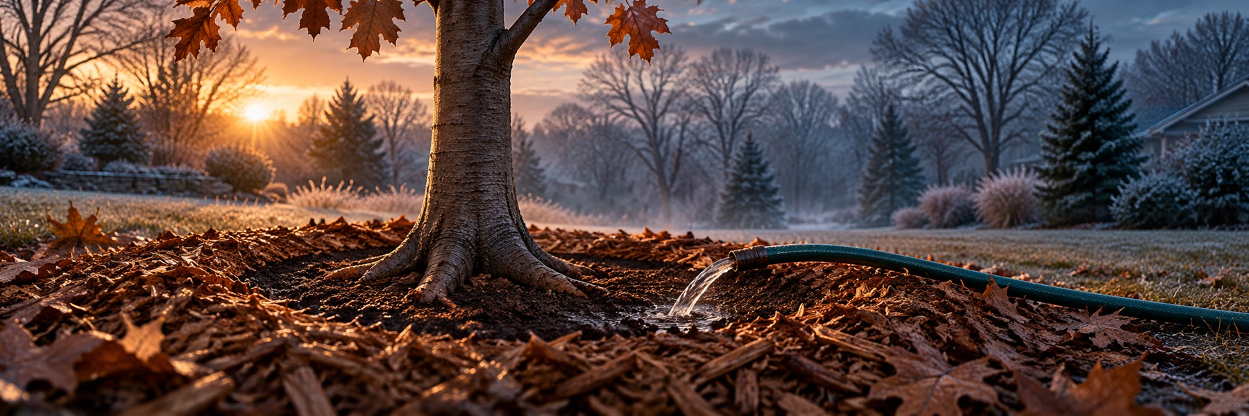Illustrative scene: a plain hose slowly waters unfrozen soil around a tree with a visible root flare and mulch kept clear of its trunk.