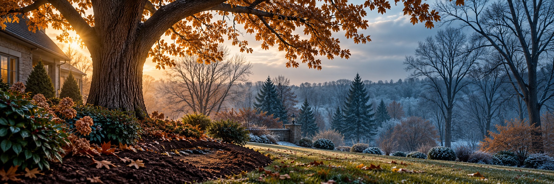 Illustrative seasonal contrast: warm light in an autumn canopy meets cool winter mist over a residential garden.