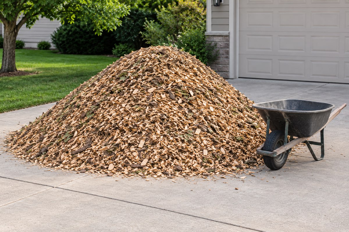 AI-generated illustration of a fresh wood chip pile on a residential driveway, with a wheelbarrow for approximate scale