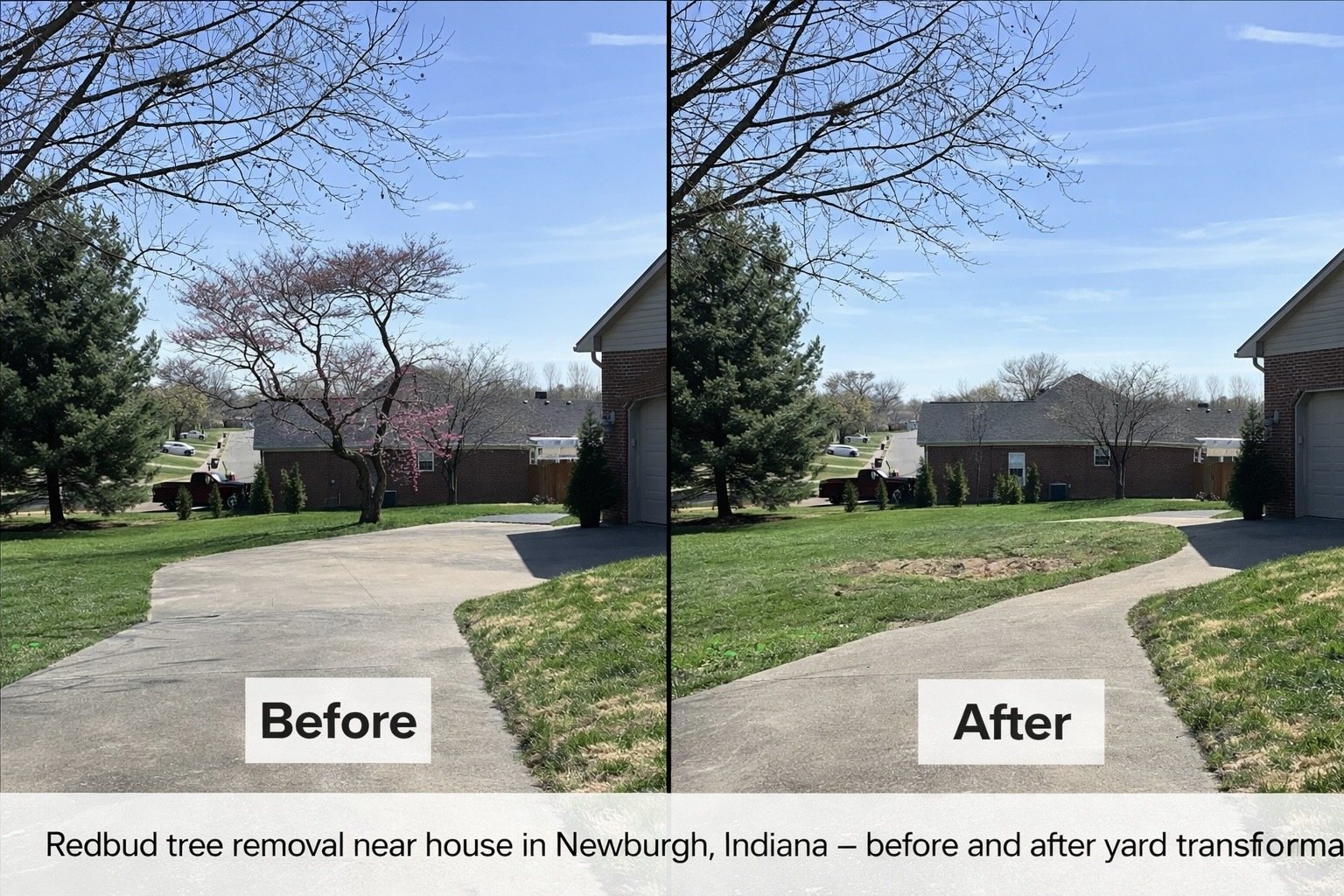 Before-and-after redbud tree removal in Newburgh