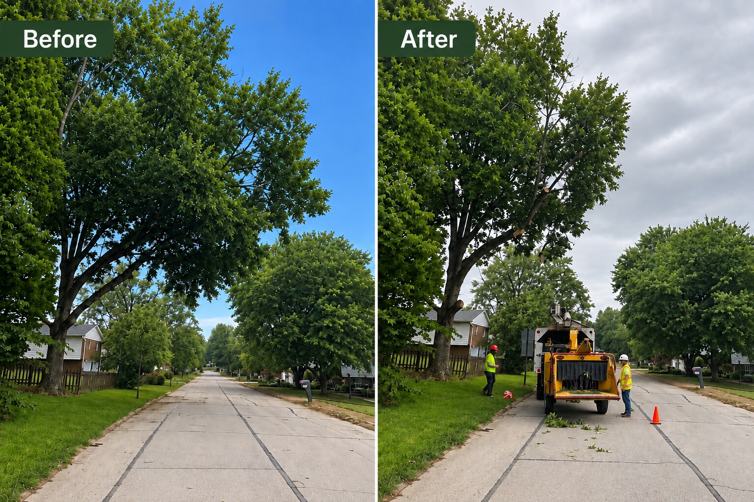 Before and after tree trimming to clear limbs over a residential roadway in Newburgh, Indiana.