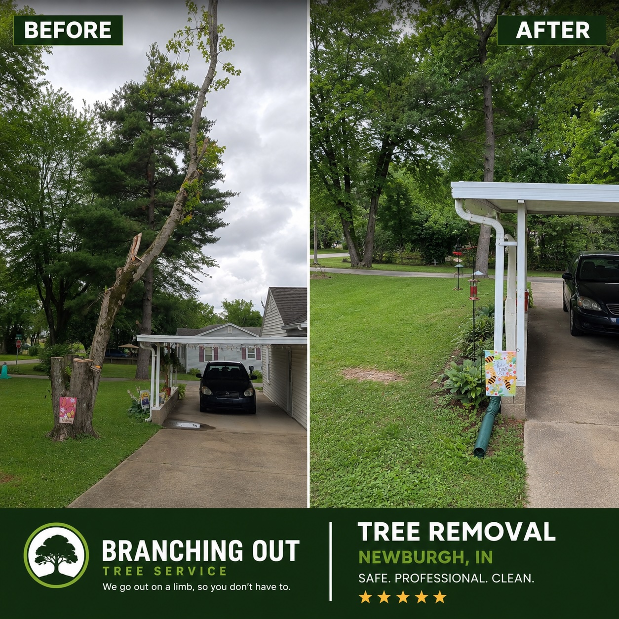 Before-and-after removal of a leaning tree beside a driveway in Newburgh, Indiana