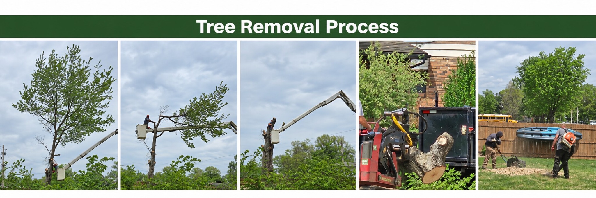 Tree removal process in Newburgh, Indiana, showing aerial cutting, log loading, and ground cleanup.