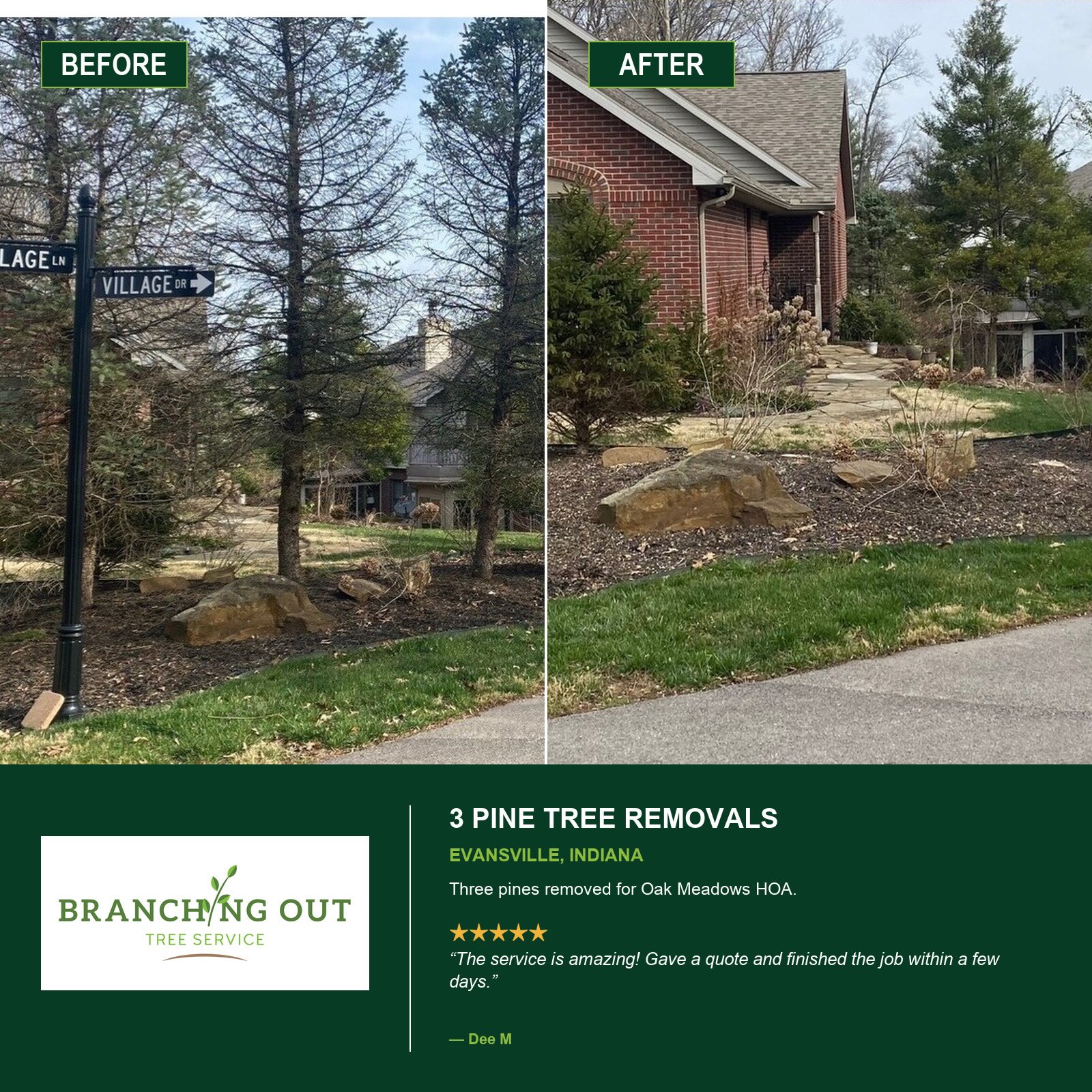 Before-and-after views of tree removals at Oak Meadows HOA in Evansville, Indiana.