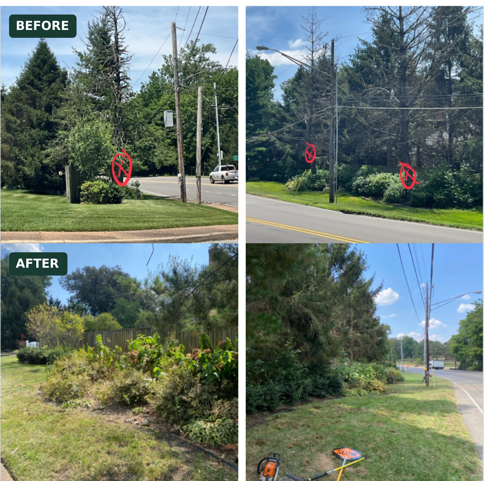 Before-and-after views of tree removals for The Oaks HOA beside a busy Evansville intersection.