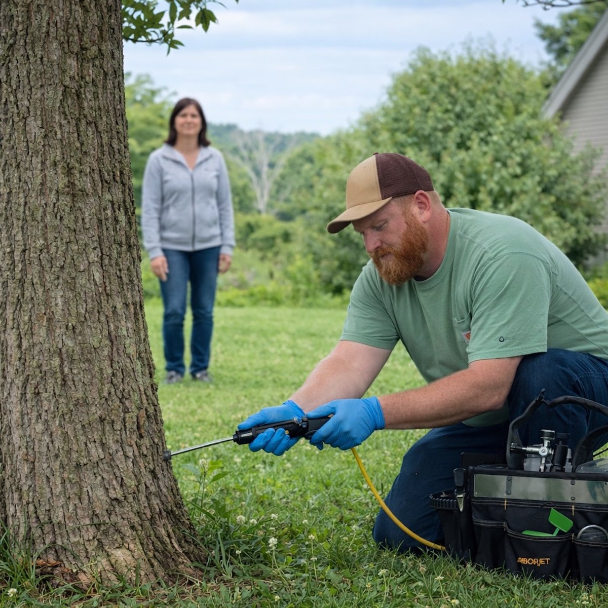 Arborist performing a tree injection treatment in Newburgh