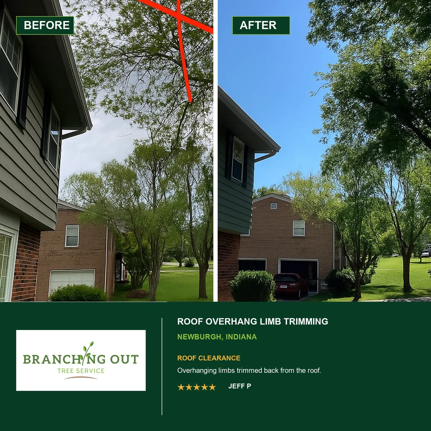 Before-and-after trimming of limbs over a Newburgh home's roof